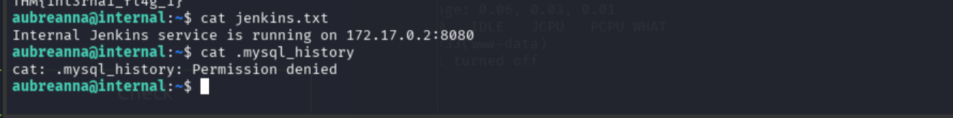 cat jenkins.txt revealing Jenkins is running internally at 172.17.0.2:8080